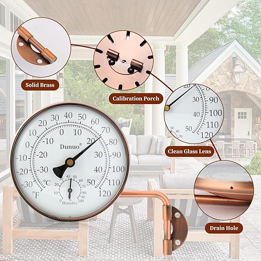 4" Brass Outdoor Thermometer, Indoor Thermometer for Room – Analog Wall-Mount Temperature Gauge with Humidity – Decorative for Patio, Garage, House, Greenhouse, Window, Antique Bronze