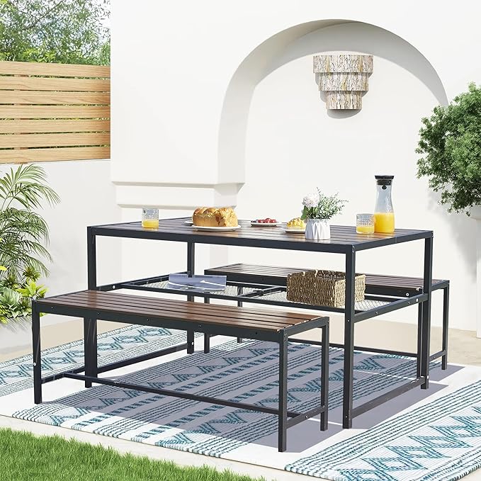 55'' Outdoor Picnic Table and Bench Set with 2" Umbrella Hole and Storage Shelf, Patio Dining Set for 6 People, Outdoor Dining Table and Chair for Garden Yard Porch- Brown