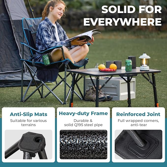 FUNDANGO Oversized Camping Chair for Adults, Heavy Duty Foldable Portable Lawn Chair with Padded Seat & Back, 4-can Cooler & Cup Holder, Carry Bag Included for Outdoor (Black/Grey)