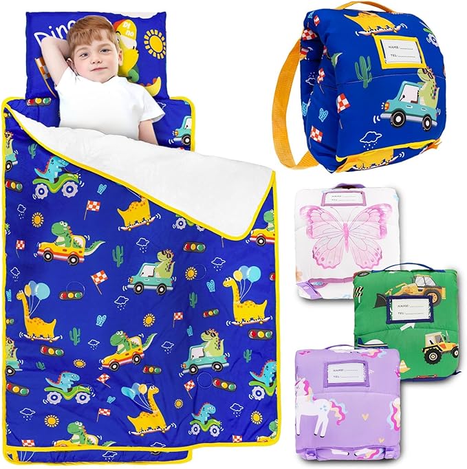 Primlect Toddler Nap Mat with Removable Pillow and Flannel Blanket, Portable Kids Sleeping Bag, Easy to Carry on The Go, Perfect for Daycare, Preschool, Boys and Girls, 12 Months - 6 Years
