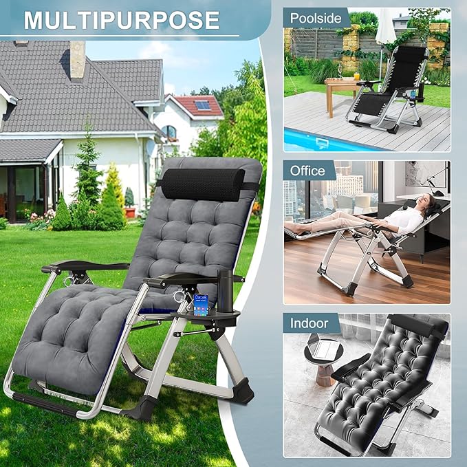 ABORON Zero Gravity Chair,Premium Outdoor Lawn Folding Lounge Chairs,Sturdy Adjustable Reclining Patio Chairs with Removable Cushion,Headrest & Tray