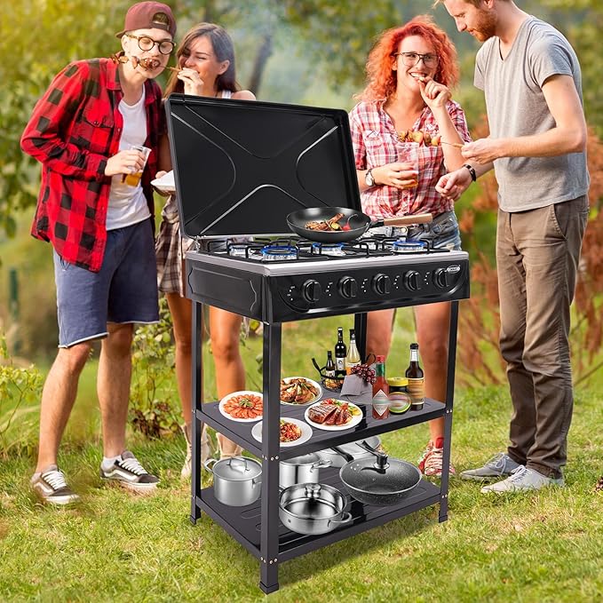 5 Burners Natural Gas Stove with Placement Boards, Portable Camping Stove with Non-Slip Bottom Feet, Propane Gas Stove for Camping Outdoor Cooking Tailgating, Black