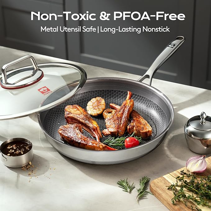 8in+Lid Nonstick Frying Pan - Stainless Steel Skillet, Dishwasher & Oven Safe, Compatible with Induction & Gas Stoves, Non-Toxic & Easy to Clean