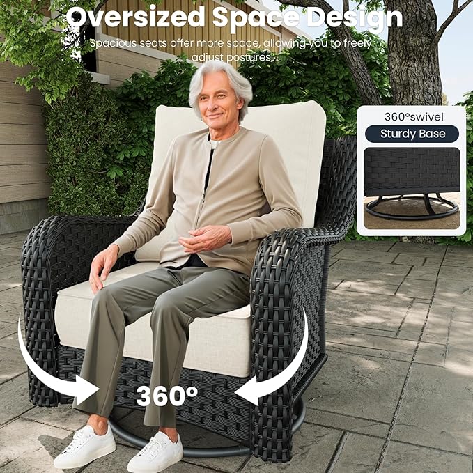7 Pieces Outdoor Patio Furniture Sets with Rocking Swivel Chairs with 6-inch Thick Cushion and Side Table for Deck Lawn