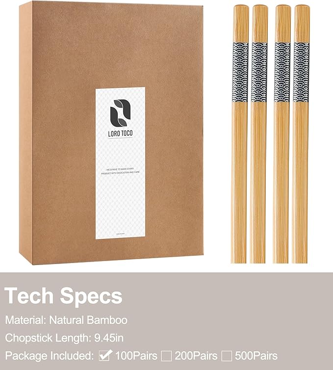 100 Pairs Bamboo Chopsticks | Disposable | Reusable | Separated Chopsticks Dishwasher Safe - （9.45in）