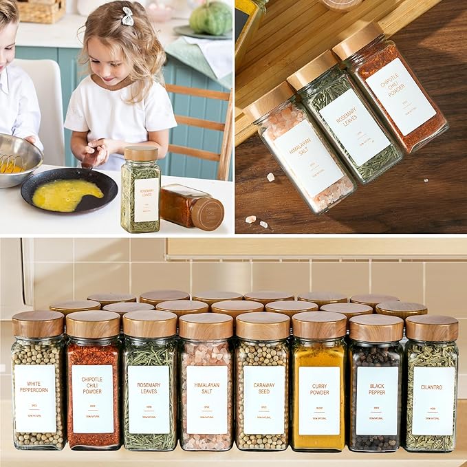 Spice Jars with Label，4oz Seasoning Containers, Glass Spice Bottles with Shaker Lids,Funnel, Chalk Pen (48)