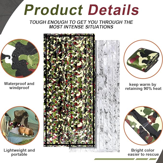 Preboun 20 Pcs Emergency Sleeping Bag Portable Lightweight Survival Bag Thermal Bivy Sack Waterproof Emergency Blanket Survival Gear for Outdoor Camping Hiking Homeless People Shelter (Camouflage)