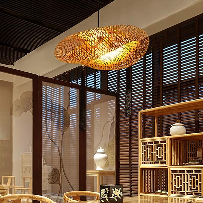 Woven Bamboo Pendant Lighting Fixtures, Bird Nest Lamp Shade Ceiling Hanging Light with Adjustable Cord for Living Room Dining Room Bar Café, Farmhouse Vintage Rustic Décor 22'', No Bulb