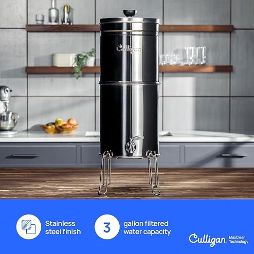 Culligan with MaxClear Technology 3 Gallon Gravity Water Filter System, Brushed Countertop Ceramic Water Filter Dispenser NSF/ANSI Certified to Reduce Lead, Microplastics & Total PFAS, with 6 Filters