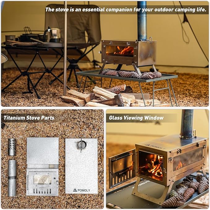 Camping Hot Tent Stove Wood Stove, POMOLY Ti Mini 0.6 Portable Lightweight Titanium Stove for Hiking, Cooking, Heating (Stove Pipe 6.56ft / 2m), Small, Slivery