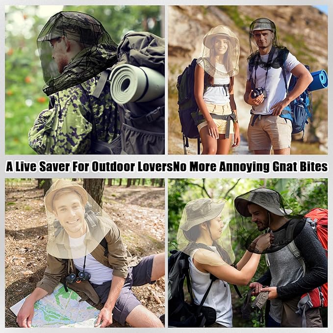 HESTYA 4 Pack Mosquito Head Net Face Mesh Protecting Net for Outdoor Hiking Camping Climbing Mosquito Fly Insects Preventing(Black, Beige)