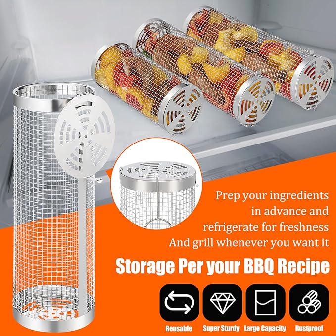 2 pcs Rolling Grilling Baskets for outdoor grilling, BBQ Stainless Steel Grill accessories set for Outdoor Grill, Grill Baskets Suitable for Vegetable,Fries,Fish, Shrimp, Grill BBQ Net Tube with Barbecue accessories
