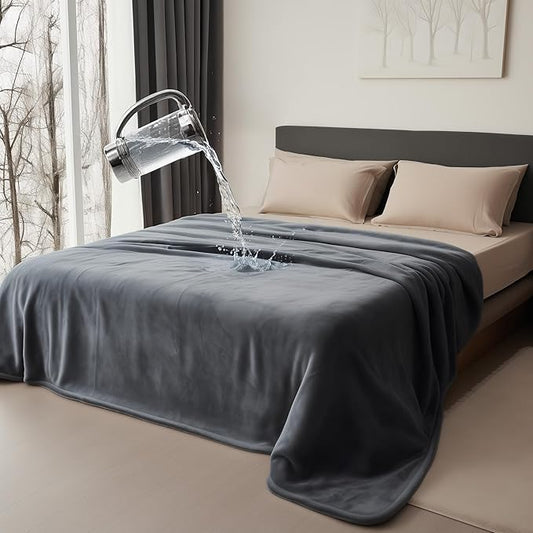 Queen Size Waterproof Blanket, Spill-Proof Cozy Flannel Splash Blanket for Bed, Stain Proof, Water Proof & Mess-Free (Moon Grey & Starlit Grey, 80x90