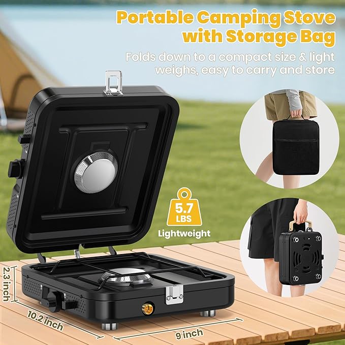 2 Burner Camping Stove, Folding Propane Camp Stove with Portable Carrying Bag, Adjustable High Heat Burners & Piezo Push-Button Instant Ignition, Outdoor Tailgating, Backyard BBQ Camping Essentials