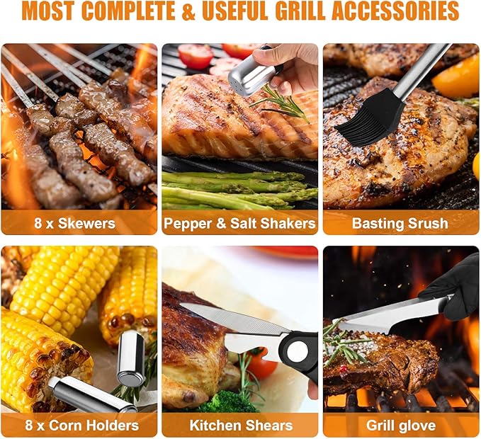 BBQ Grill Accessories Set, 38Pcs Stainless Steel Grill Tools Grilling Accessories with Aluminum Case, Thermometer, Grill Mats for Camping/Backyard Barbecue, Grill Utensils Set for Men Women
