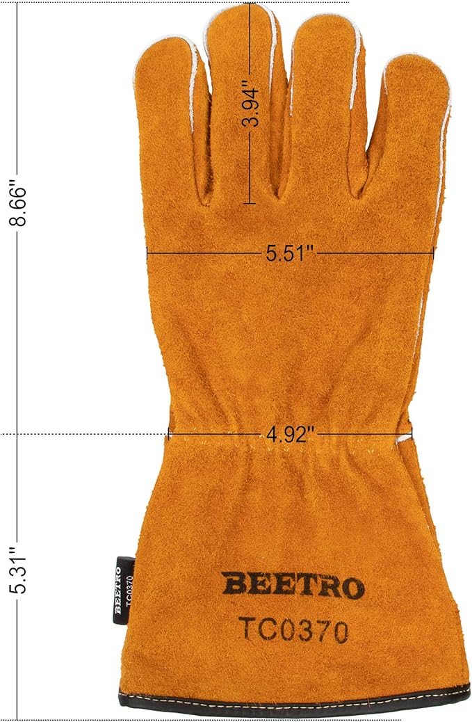 BEETRO Welding Gloves 1 Pair, Cow Leather Forge/Mig/Stick Welder Heat/Fire Resistant, Mitts for Oven/Grill/Fireplace/Furnace/Stove/Pot/Wood Burner/BBQ/Animal handling glove with Soft Lining