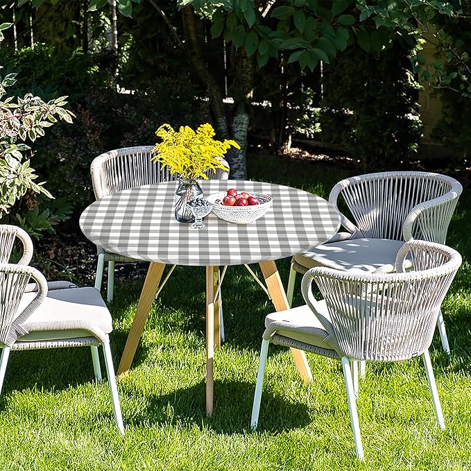 Fitable Round Vinyl Fitted Table Cover - 4 Pack Waterproof Checkered Elastic Edged Tablecloth Flannel Backed Table Cloth for Picnic Party, Silver/White (Fit for 45"-56" Round Tables)