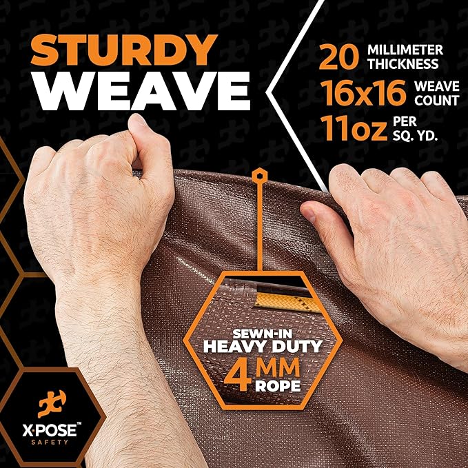 Xpose Safety 20 Mil Ultra Heavy Duty Tarp - 8' x 10' Brown/White Reversible Waterproof Tarp for Camping, Tent, Roof Cover, Shade, Truck Bed