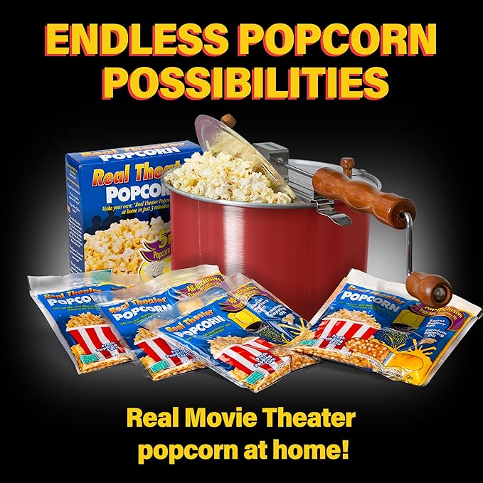 Original Whirley Pop Popcorn Maker - 6 Quart Stovetop Popcorn Popper With Five Popping Kits, Aluminum Popcorn Pot With Nylon Gears, Wabash Valley Farms Stove Top Popcorn Maker, Popcorn Pan (Red)