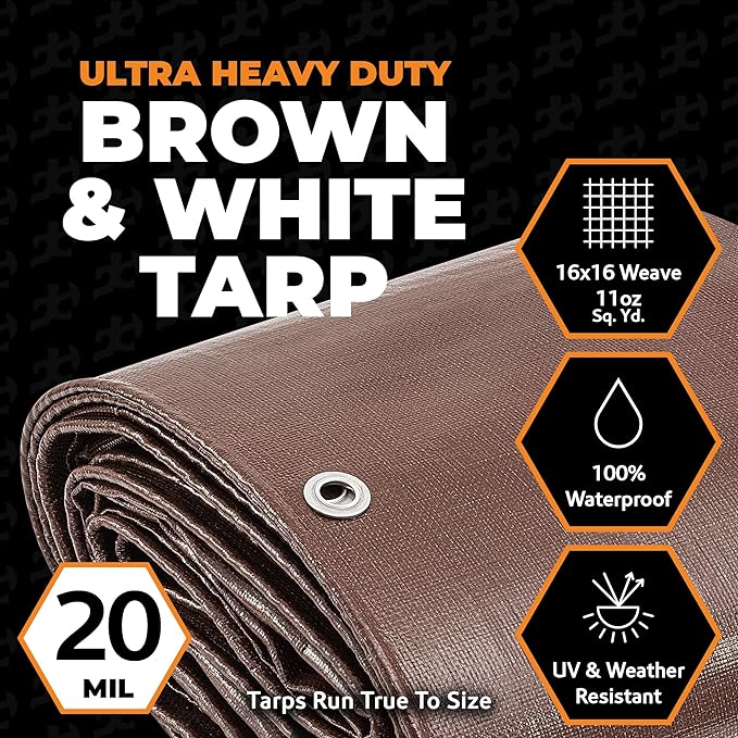 Xpose Safety 20 Mil Ultra Heavy Duty Tarp - 8' x 10' Brown/White Reversible Waterproof Tarp for Camping, Tent, Roof Cover, Shade, Truck Bed