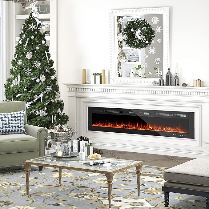CharaVector 60 inch 750W/1500W Electric Fireplace Inserts with Remote Control in Wall Mounted, Energy Saving LED Insert Fireplace Heater Indoor Glass View with Remote Control & Touch Screen, Black