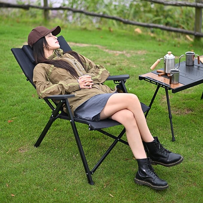 Reclining Camping Chair, Heavy Duty Folding Chairs with 4-Stage Adjustable High Back for Adults, Compact Foldable Outdoor Patio Reclining Chair with Storage Bag （Black）