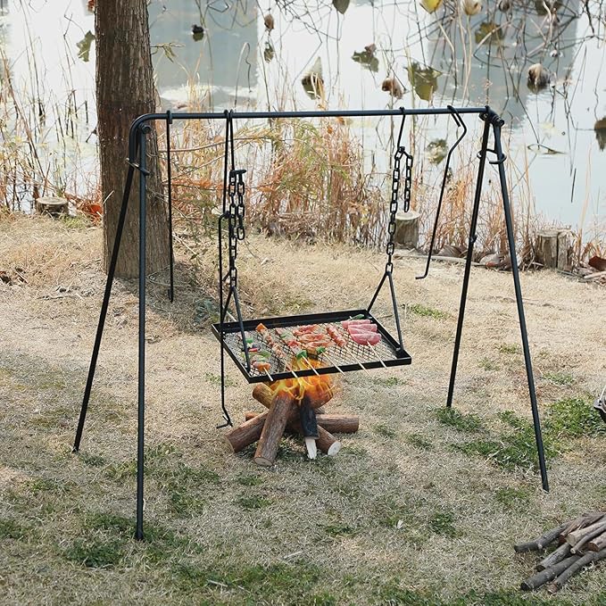 Lineslife Grill Swing Campfire Cooking Stand with Height Adjustable Iron Grill Grate, Collapsible Cooking Rack with Hooks and Accessories for BBQ Picnic, Outdoor Camping Cookware, Dutch Oven